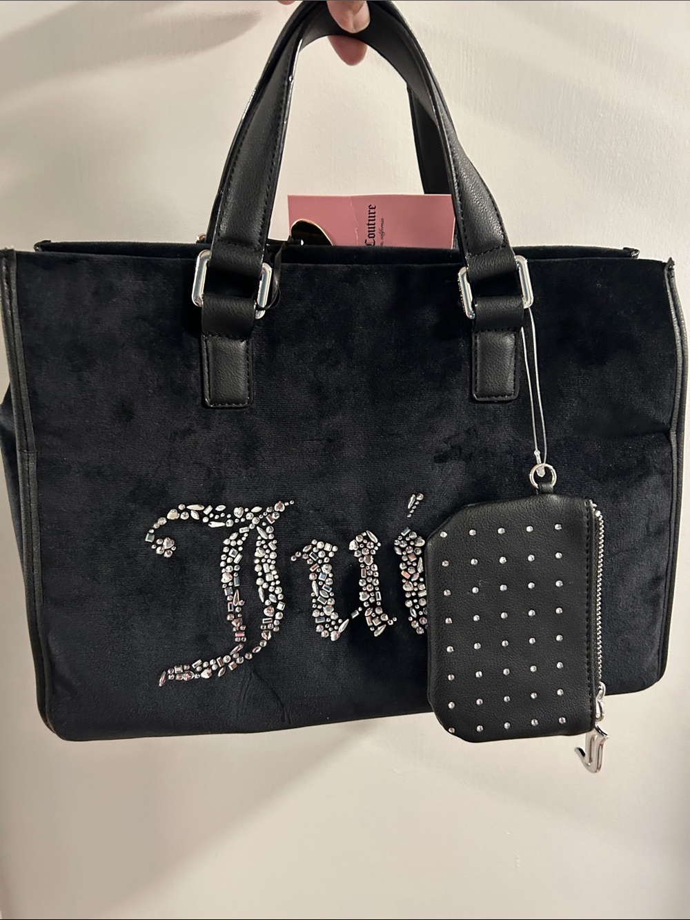 Juicy Couture Black Velvet Tote with Crystal Logo and Studded Coin Pouch